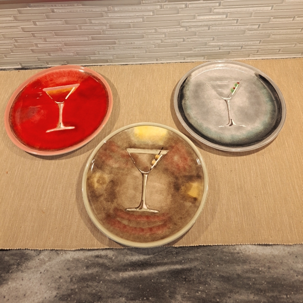 3 Artland Classic Martini Drink Plates Cocktail Recipes Salad Dessert 8" Barware